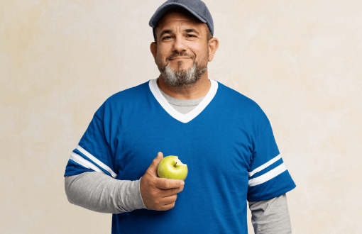 Hombre con NASH con cicatrización del hígado sosteniendo una manzana y sonriendo